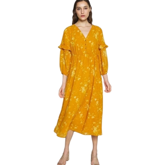 Madewell Yellow Buttoned V Neck Long Midi Sundress  Bishop Ruffled Sleeves Sz 4 - Picture 1 of 13
